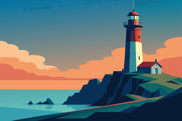 Stylized illustration of a red and white lighthouse standing tall on a rocky cliff overlooking the ocean at sunset with colorful clouds