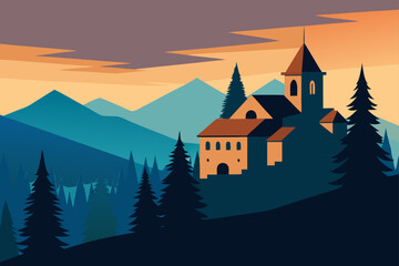 Stylized illustration of a church building nestled in a mountain landscape with pine trees at sunset
