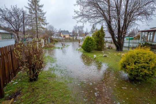 Flooded Lawn. Spring Thaw Causes Deluge Flooding in Garden with Bushes and Green Grass