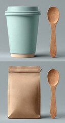 Light teal paper cup, kraft pouch, wooden spoons