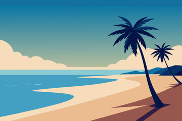 Fototapeta premium Stylized illustration of a serene tropical beach with palm trees and calm ocean waves under a clear sky