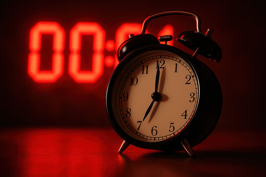 Red-tinged digital and analog clocks symbolizing time pressure and approaching deadline.