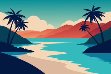 Obraz premium Stylized tropical beach landscape with palm trees and serene ocean water at sunset