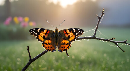 Obraz premium Vibrant Butterfly on Dew Covered Branch in Golden Light