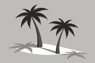 Two stylized black palm trees casting shadows on a white sandy area against a gray background