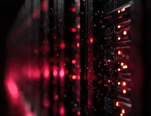 Fototapeta premium Close-up of server rack with red lights and water droplets
