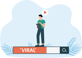 Cartoon People Of Viral Content Concept. Tiny Characters on Big Phones with various icons. Social Media Blogs, Streaming Movies, Online Networking Likes, Interesting Followers.
