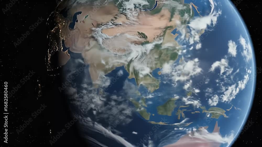 Poster Realistic 3D Animation of Earth Rotating in Space With Blue Atmosphere