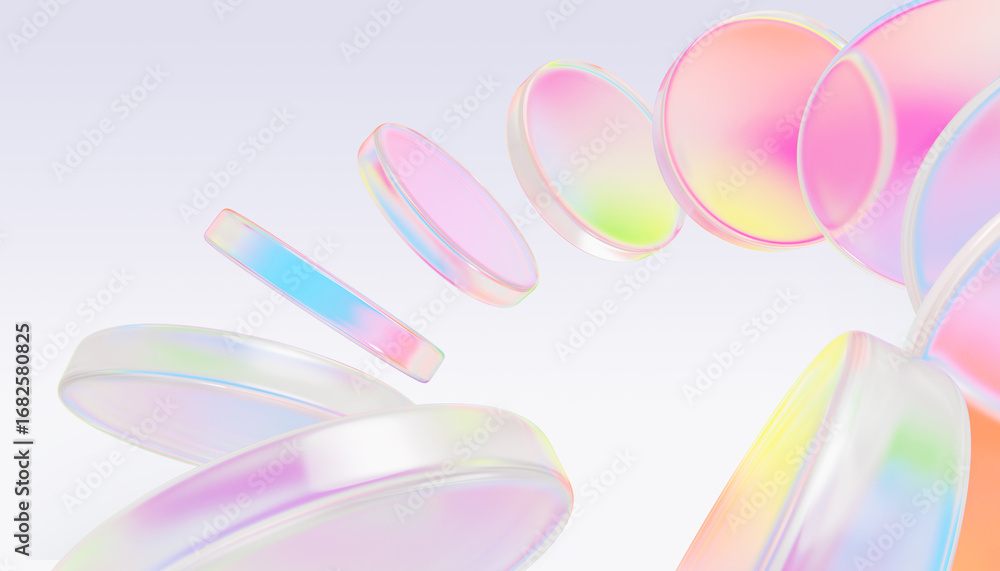Poster holographic 3d glass circle discs with iridescent gradient. abstract geometric background with speed