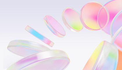 Fototapeta premium Holographic 3d glass circle discs with iridescent gradient. Abstract geometric background with speed circular effect of rainbow color round disks, transparent plastic or acryl plates. 3D illustration