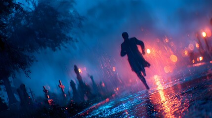 Naklejka premium Mysterious Figure Running Through Rainy Graveyard at Night