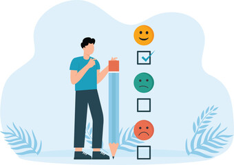 Client satisfaction survey as customer feedback. Experience the opinion of the consumer as a choice for a service or product. Performance appraisal scale.
