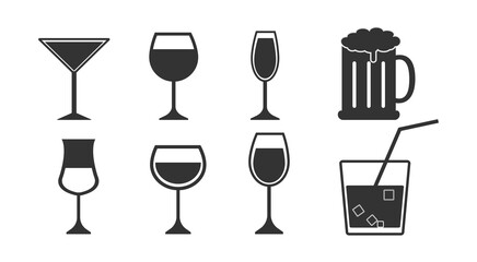 Drink and Cocktail Glass Icon Set – Black Silhouette Alcohol Vector Collection on White Background.