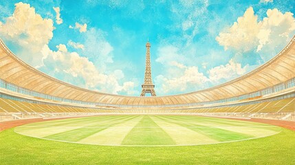 Paris stadium illustration with Eiffel tower architecture. Landmark stadium and field in France. Sports architecture and field, panoramic art, digital landmark, urban French destination.