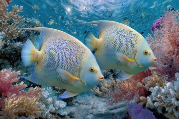 Fresh Water Angelfish Swimming in Tropical Coral Reef Underwater