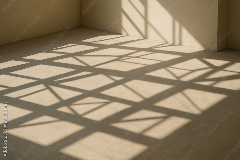 Poster geometric shadows cast by a window frame fall across the floor, creating an abstract pattern in an e