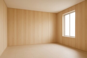 Interior of empty room with wood paneling on walls and floor and window receiving natural light, perfect for minimalist designs