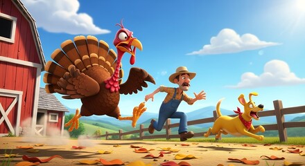 Animated Large Brown Turkey Chasing Farmer and Happy Dog on Sunny Farmyard Path