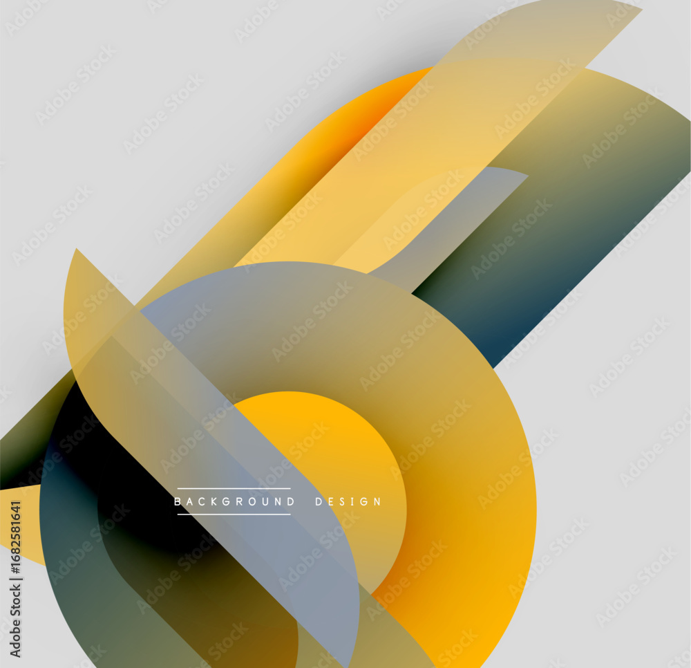 Poster abstract shapes overlap, creating dynamic composition. yellows, grays, blues blend seamlessly. moder