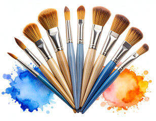 Fototapeta premium A collection of assorted artist paintbrushes arranged in a fan shape over vibrant blue and orange watercolor splashes, isolated on a white background