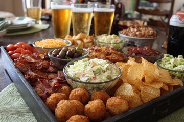 Obraz premium Game Day Snacks. Tailgate Party Tray with Football Finger Foods and Beer Celebrating American Game