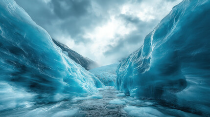 Fototapeta premium Glacier narrow passage with ice wall texture, for wallpaper poster design and chilly style background