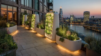 Obraz premium Urban Rooftop Garden with Greenery at Sunset Over City Skyline
