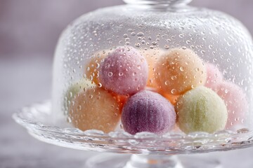Colorful pastel mochi ice cream balls displayed under glass dome.