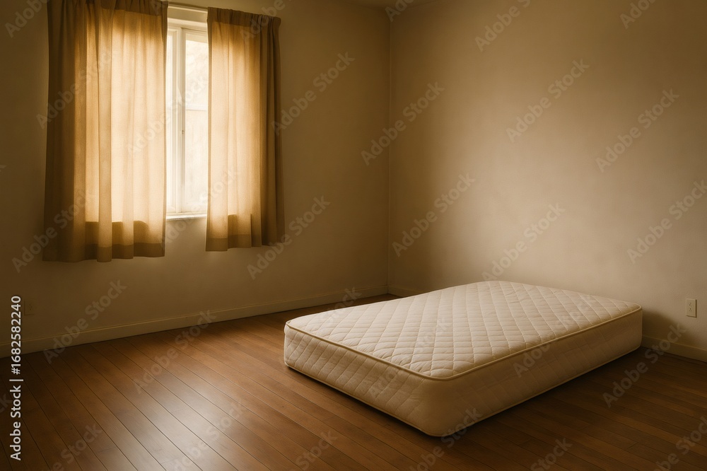 Poster sunlight pouring into an empty room highlights a mattress resting on the wooden floor, creating a se