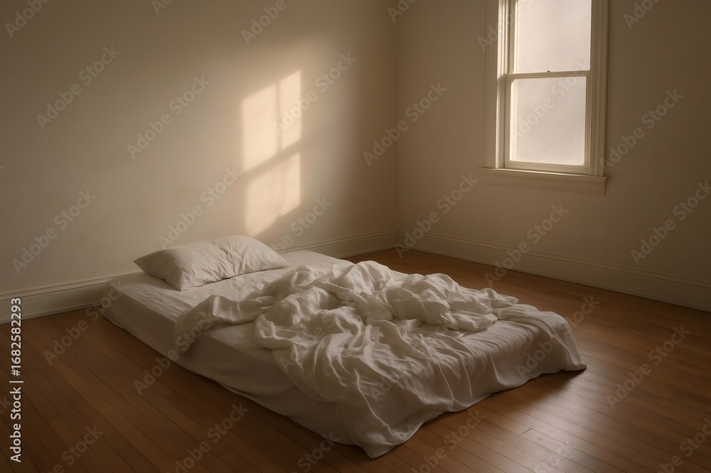 Poster Sunlight streams through window illuminating unmade bed with white sheets in simple bedroom, creating peaceful atmosphere