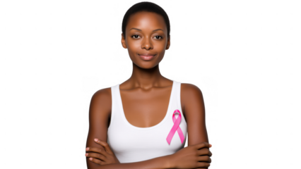 Woman displays pink ribbon for awareness, created with AI, PNG