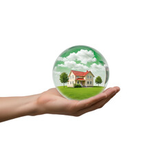 A hand holding a small house in the middle of a field - Transparent Background