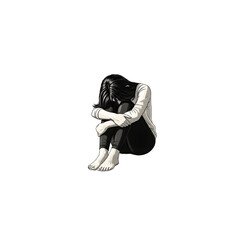 A girl sitting on the ground with her head down - Transparent Background