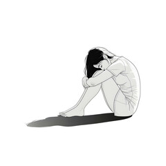 A woman sitting on the ground with her head down - Transparent Background