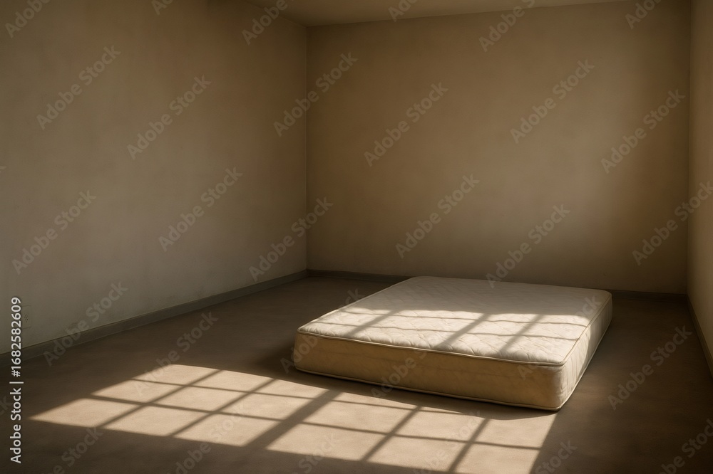Poster sunlight streaming through a window, casting intricate shadows on a mattress in a minimalist, empty 