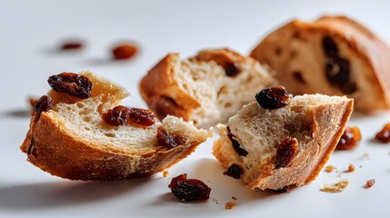 Broken slices of raisin bread with soft crumb and scattered dried raisins.