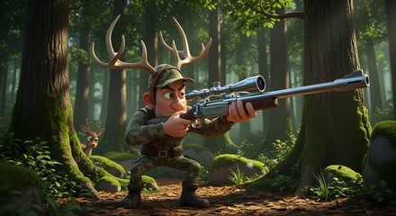 Cartoon Soldier Wearing Antler Headband Aiming Rifle in Forest Clearing