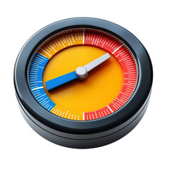 Colorful gauge with blue yellow and red sections indicating a level with a needle pointing towards the yellow zone on transparent background