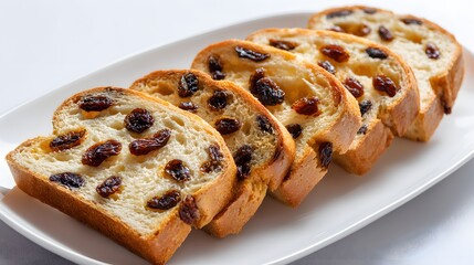 Sliced raisin bread neatly arranged on white plate for breakfast serving.