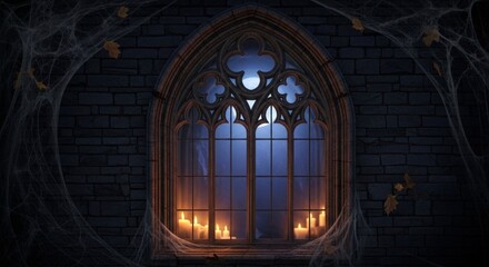 A gothic window with candles and cobwebs, creating a spooky and eerie atmosphere, perfect for Halloween or a dark, mysterious tale