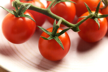 Fresh red cherry tomatoes on green stem with leaves