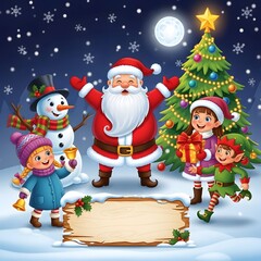 Cartoon Christmas Landscape with Wooden Sign, Santa, Elves, and Holiday Decorations