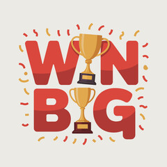 Celebrate winning big with golden trophies and red lettering surrounded by festive confetti and sparkles