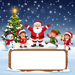 Playful Christmas Illustration with Snowy Night Sky, Santa, Tree, and Kids