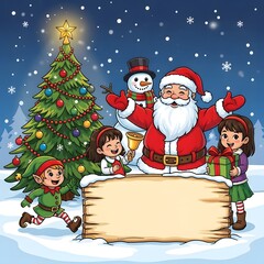 Festive Winter Holiday Scene with Santa Claus, Snowman, Children, and Christmas Tree