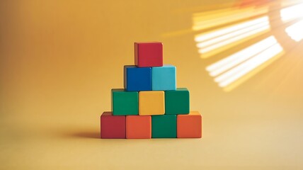 Neatly Stacked Colorful Cardboard Boxes in Pyramid Shape under Soft Yellow Light