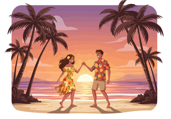 Couple on a beach at sunset palm trees tropical attire holding hands