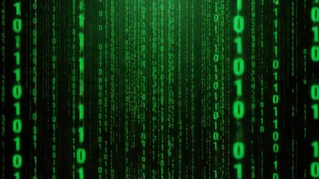 Dynamic digital stream featuring cascading green binary code on a dark backdrop, suitable for technology, cybersecurity, and software development projects.