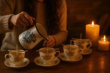 Candle maker pouring hot wax into teacups to create handmade candles in a cozy, candlelit atmosphere
