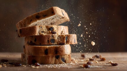 Stack of fresh raisin bread slices with falling crumbs on a rustic wooden table.